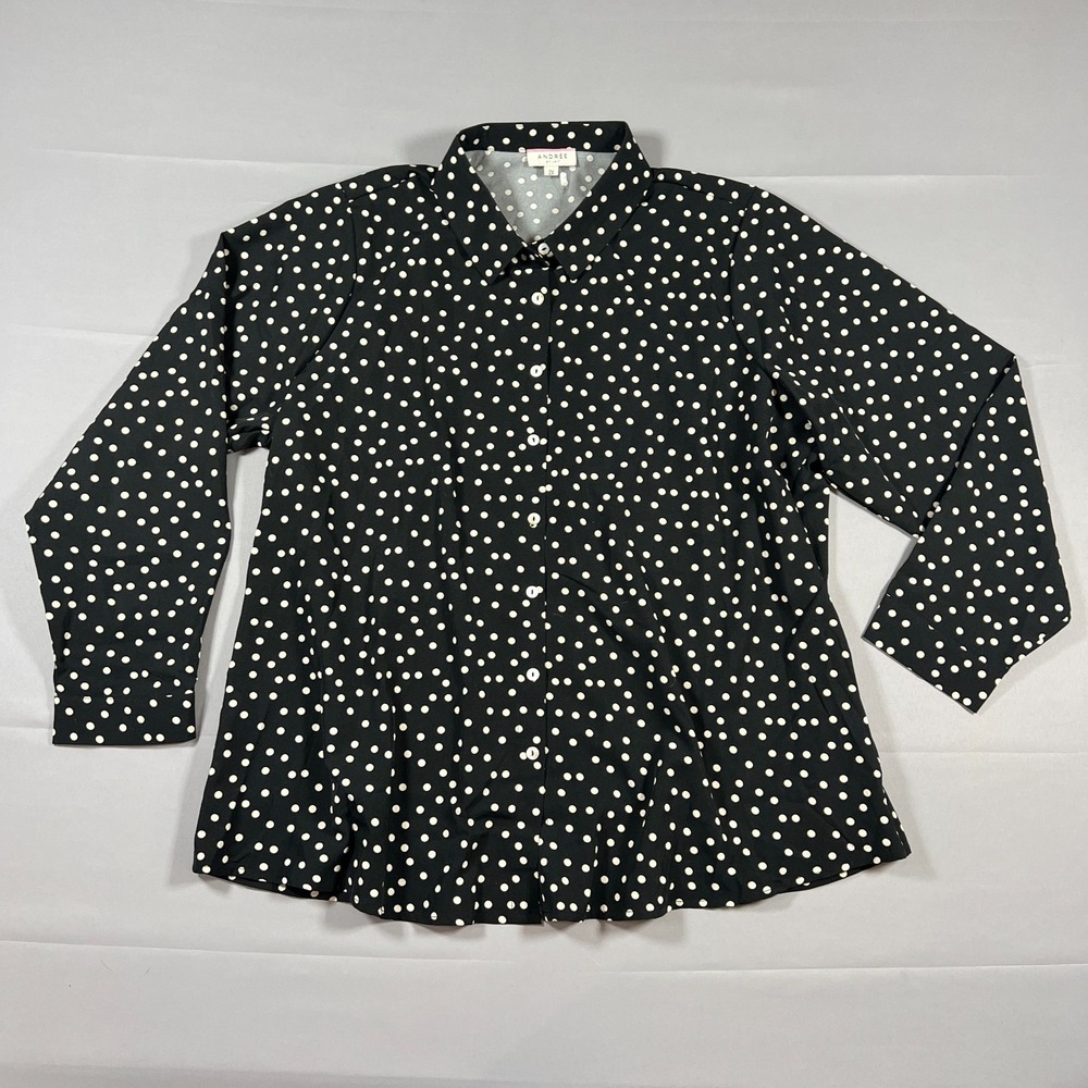 Andree By Unit Button Up Shirt Womens 2X Black White Polka Dot Relaxed Classic
